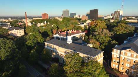 University-of-South-Carolina-campus-with-view-of-Columbia,-SC-downtown-during-golden-hour-sunrise