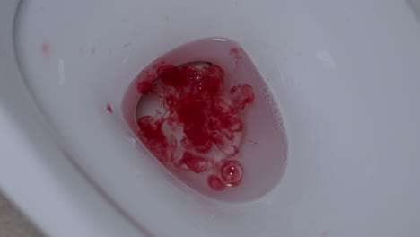 Sangre-Roja-Fresca-De-La-Menstruación-Vaciada-En-La-Taza-Del-Inodoro,-Primer-Plano-Mezclándose-Con-Agua