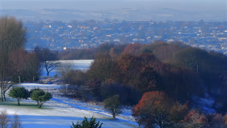 Establishing-Aerial-Drone-Shot-of-Golf-Course-Trees-on-Frosty-Morning-in-Winter-with-Houses-in-Background-UK