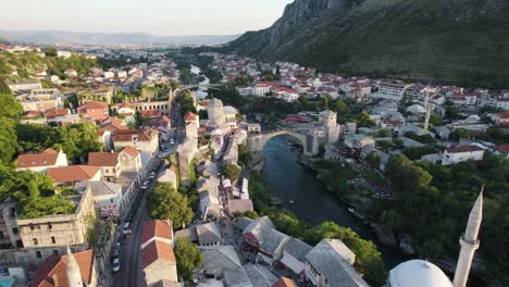 Aerial-View-Of-Stari-Most-Over-River-Neretva-During-Golden-Hour-Sunset