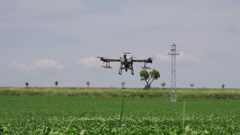 Agricultural-drone-fly-above-green-crop-field-and-prepare-to-spray-chemicals