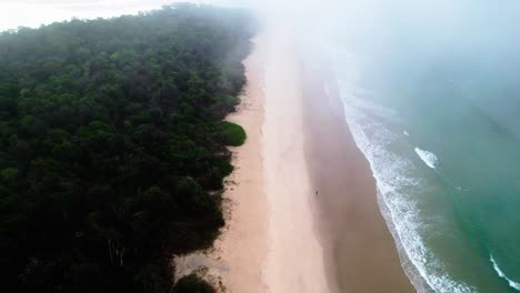 Aerial-View-Of-Noosa-Heads-Main-Beach-During-Misty-Sunrise-In-Queensland,-Australia