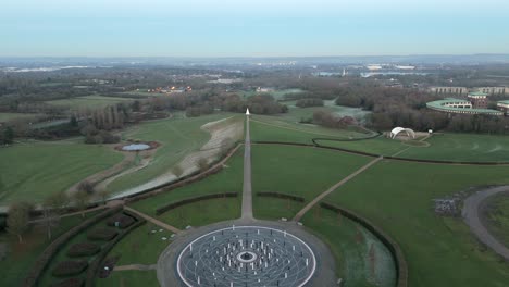 An-aerial-view-of-Campbell-Park,-showing-the-Milton-Keynes-Rose-and-the-Light-Pyramid,-at-sundown