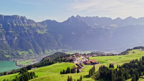 Switzerland-Aerial-panorama-over-Flumserberg-holiday-resort-near-lake