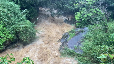 Handaufnahme-Der-Ravana-Wasserfälle-Mit-Hohem-Abfluss,-Nachdem-Heftige-Regenfälle-In-Ella,-Sri-Lanka,-Schlammiges-Wasser-überschwemmt-Haben