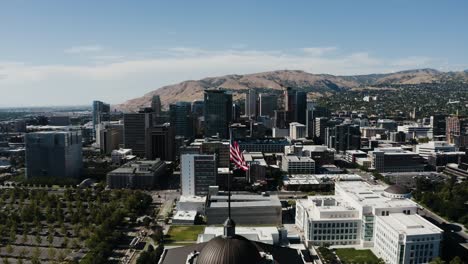 Drone-shot-flying-through-Salt-Lake-City's-downtown-sector