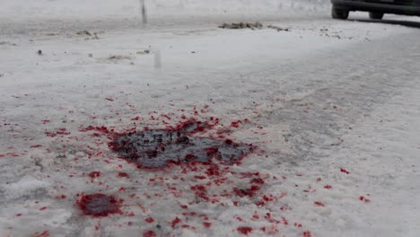 Pulsating-blood-spilled-on-snowy-road