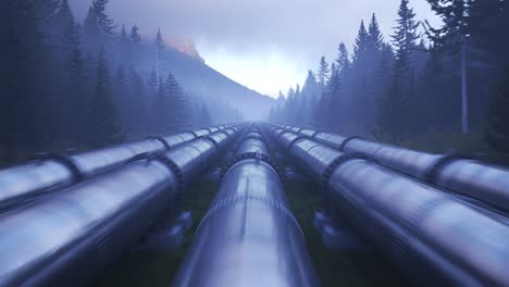 Five-streams-of-pipeline-running-through-the-forest-clearance.-Metal-tubes-transport-oil-or-gas-over-long-distances.-Heavy-steel-pipes-supply-fuel.-Industrial-or-petrochemical-concept.