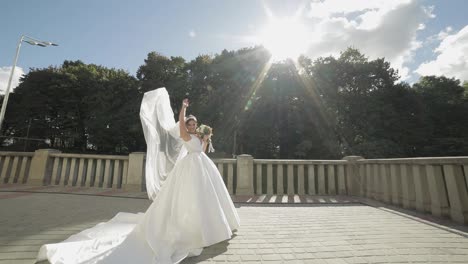 Beautiful-and-lovely-bride-in-wedding-dress-and-veil-in-sunbeams.-Slow-motion