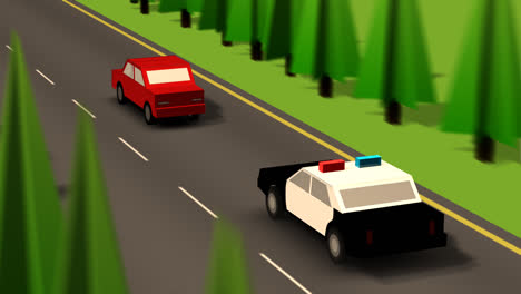 The-aerial-view-of-the-police-car-with-flashing-lights-and-siren,-speeding-on-the-road,-The-vehicle-controlled-by-the-law-enforcement-is-going-fast-on-the-highway,-chasing-the-red-car.