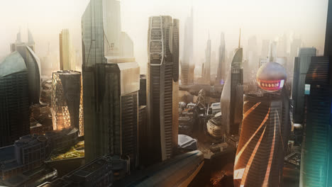 Aerial-view-of-the-futuristic-cityscape-full-of-skyscrapers.-Tall-buildings-made-of-glass-and-steel-are-city-landmarks.-The-structures-are-the-financial-and-residential-center-of-the-city.