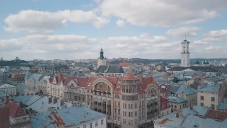 Aerial-City-Lviv,-Ukraine.-European-City.-Popular-areas-of-the-city.-Rooftops