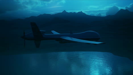 Military-predator-drone-flying-at-night.-This-intelligent-unmanned-vehicle-armed-with-the-missiles-is-used-to-remote-aerial-attack-on-desired-targets.-The-plane-can-control-and-defense-the-terrain.