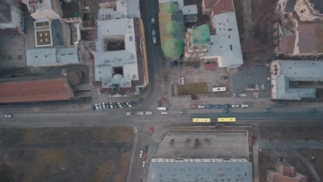 Aerial-Overhead-Car-traffic.-Rush-hour.-Old-City-Lviv,-Ukraine