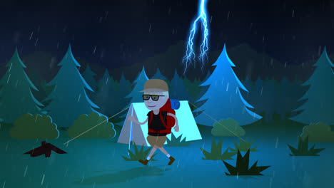 Stormy-summer-night-in-the-wilderness.-The-rainfall-with-bolts-of-lightning-in-the-dark-forest.-The-tourist-with-the-backpack-is-walking-on-a-grass-near-the-empty-camp-with-fireplace-and-white-tent.