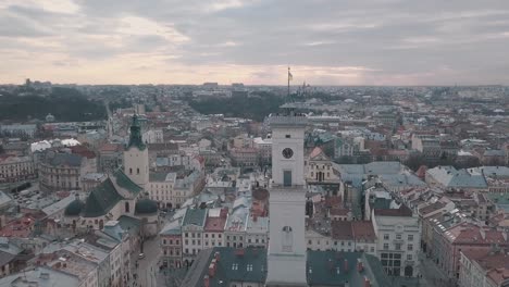 Aerial-panorama-of-the-ancient-european-city-Lviv,-Ukraine.-Town-Hall,-Ratush