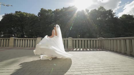 Schöne-Und-Schöne-Braut-Im-Hochzeitskleid-Und-Schleier-In-Sonnenstrahlen.-Zeitlupe