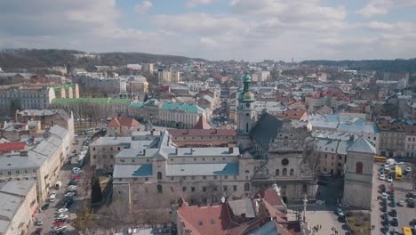 Aerial-City-Lviv,-Ukraine.-European-City.-Popular-areas-of-the-city.-Church