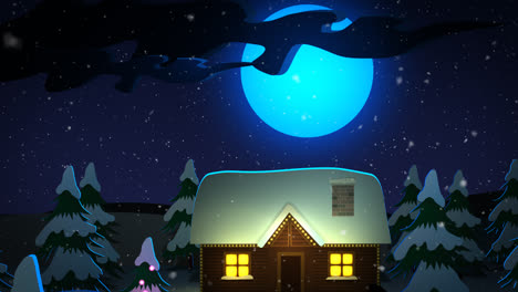 ¡felices-Vacaciones!-La-Nieve-Cae-En-Invierno,-El-Paisaje-Navideño-Con-árboles-Iluminados,-El-Muñeco-De-Nieve-Y-La-Antigua-Cabaña-Cubierta-Por-La-Nieve.-Las-Palabras-De-Feliz-Navidad-Aparecen-Frente-A-La-Brillante-Luna-Llena.