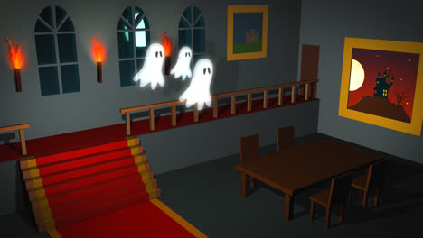 A-scary-night-with-a-bright-moon.-Dark,-haunted-mansion-interior-with-torches,-carpet-and-old-furniture.-Evil-ghost-flying-through-the-room-and-disappears-behind-the-wall.