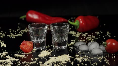 Pour-vodka-into-shot-glasses-placed-on-a-black-surface