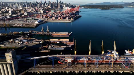 Vancouver,-British-Columbia,-Canada---A-Broad-Landscape-of-Centennial-Terminals-on-Burrard-Inlet---Drone-Flying-Forward