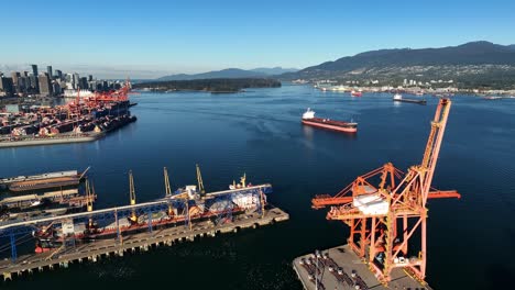 Vancouver,-British-Columbia,-Canada---An-Expansive-Outlook-of-Centerm---Centennial-Terminals---Major-Container-Port-on-Burrard-Inlet---Aerial-Panning