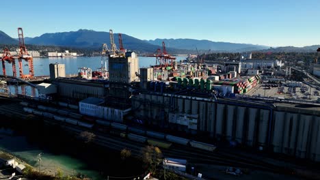 Vancouver,-British-Columbia,-Canada---Alliance-Grain-Terminal-on-the-South-Shore-of-the-Burrard-Inlet---Drone-Flying-Forward