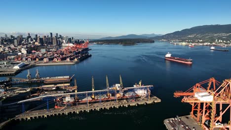 Vancouver,-British-Columbia,-Canada---Centerm---Centennial-Terminals---Major-Container-Port-on-Burrard-Inlet---Drone-Flying-Forward