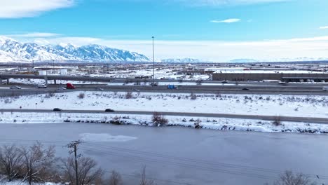 Snow-covered-winters-day-at-Spaghetti-Bowl-Interchange,-South-Salt-Lake