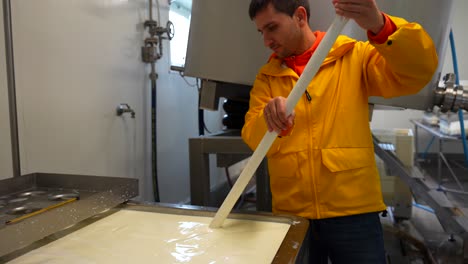 Tourist-man-in-a-cheese-factory-removing-milk-in-the-pasteurization-process
