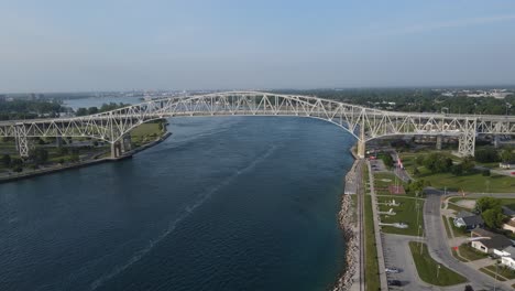 Aerial-flyaway-of-Blue-Water-Bridge-in-Port-Huron-Michigan,-USA