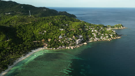 Aerial-of-Shark-bay-Koh-Tao-Thailand-south-east-asia-Backpacker-diving-paradise-for-digital-nomad-and-expat,-drone-coastline