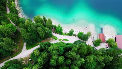 A-view-from-above-of-a-turquoise-lake-shoreline,-lined-with-trees,-with-a-dock-and-path-leading-into-a-forest