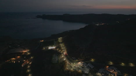 Aerial-shot-over-Rhodes-island-costal-road-at-dusk