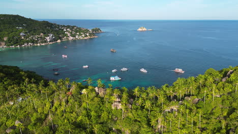 Antena-De-Shark-Bay-Koh-Tao,-Tailandia,-Paraíso-Del-Buceo,-Un-Dron-Revela-Un-Pintoresco-Destino-Turístico-En-La-Costa-Del-Sudeste-Asiático