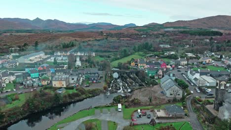 Drone-early-autumn-morning-Sneem-on-the-ring-of-Kerry-Ireland-tourist-village-wild-Atlantic-way