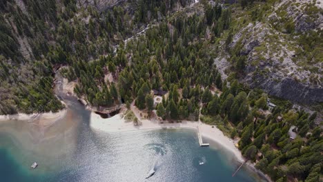 A-4K-drone-shot-of-Eagle-Falls,-a-waterfall-that-runs-into-Emerald-Bay,-on-Lake-Tahoe,-California