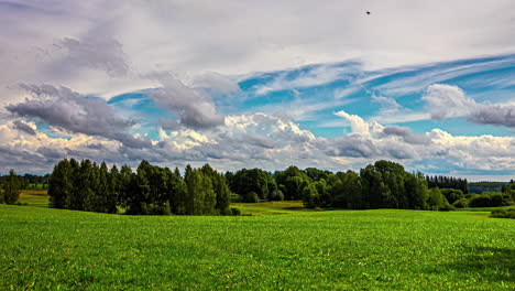 White-cumulus-clouds-float-by-in-a-blue-sky-over-a-green-landscape