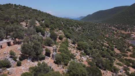 Aerial-view-of-spread-out-ancient-Lycian-ruins-in-between-trees-and-forest-on-the-coastline-of-Turkey