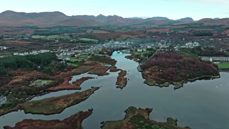 Drone-static-view-of-Sneem-under-the-Mountains-autumn-morning-on-The-Ring-Of-Kerry-Ireland