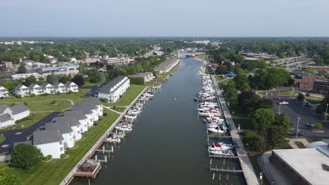Downtown-Port-Huron,-Michigan,-USA-with-Black-River,-drone-view