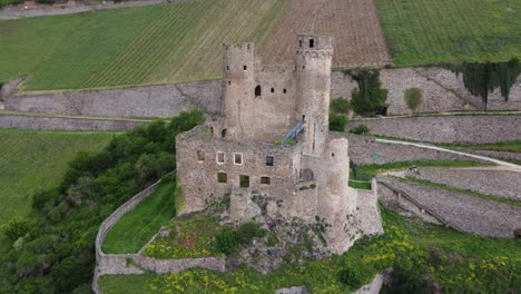 Ehrenfels-hillside-castle-ruins,-Germany.-Aerial