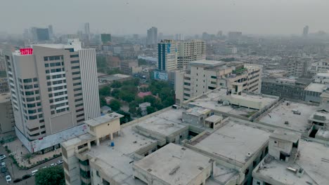 Aerial-view-of-Saddar,-Karachi,-with-high-rise-buildings,-Pakistan