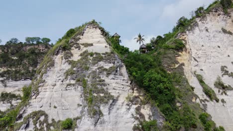 Rumah-Pohon-treehouse-Huts-on-steep-oceanside-cliff-in-Nusa-Penida,-Aerial