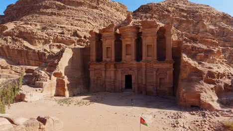 Panning-right-shot-of-The-Monastery-in-the-archeological-site-of-Petra