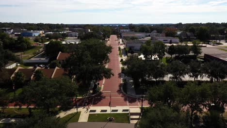 Aerial-wide-angle-above-empty-downtown-historic-city-of-Clermont-Florida
