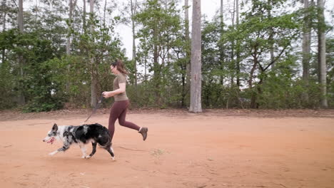 Girl-takes-her-australian-shepherd-for-a-walk-near-a-forest