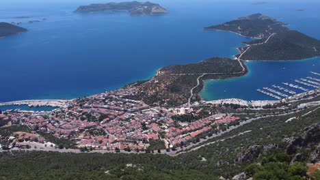 High-angle-aerial-establish-of-Kaş,-a-seaside-town-on-the-Mediterranean-coast-of-southwestern-Turkey