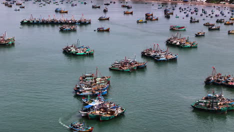 Aerial-view-of-Vietnamese-fishing-boats,-Big-trawlers-for-squid-fishing